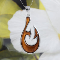 Magnifique collier hawaïen en bois de koa véritable de très grande taille avec hameçon, pendentif en argent sterling avec hameçon, cadeau d'anniversaire pour mère N8513