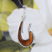 Magnifique collier hawaïen en bois de koa véritable de très grande taille avec hameçon, pendentif en argent sterling avec hameçon, cadeau d'anniversaire pour mère N8514