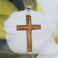 Gorgeous Hawaiian X-Large Genuine Koa Wood Cross Necklace, Sterling Silver Cross Pendant, N8517 Birthday Mother Gift