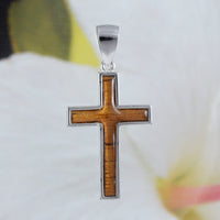 Gorgeous Hawaiian Large Genuine Koa Wood Cross Necklace, Sterling Silver Cross Pendant, N8518 Birthday Mother Mom Gift