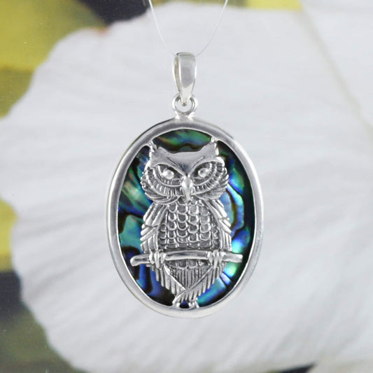 Collier unique en coquillage de paua hawaïen véritable avec pendentif hibou en argent sterling, cadeau d'anniversaire pour maman N8627, déclaration PC