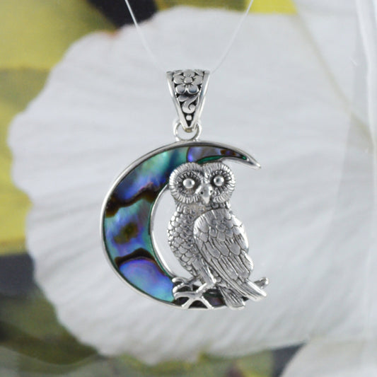 Collier unique en coquillage de paua hawaïen véritable avec pendentif hibou assis sur la lune en argent sterling, cadeau d'anniversaire pour maman N8631