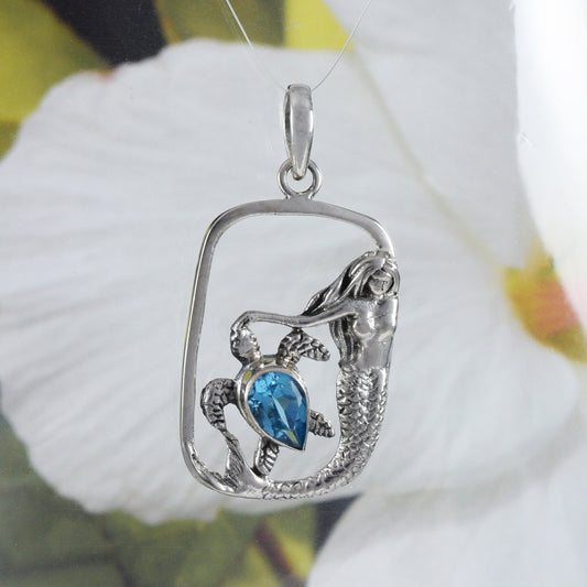 Collier unique hawaïen en forme de tortue de mer avec topaze bleue véritable et pendentif en argent sterling, cadeau d'anniversaire pour maman N8616