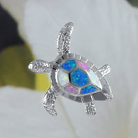 Gorgeous Hawaiian Large Tri-color Opal Sea Turtle Necklace, Sterling Silver Blue White Pink Opal Turtle Pendant, N8366 Birthday Mom Gift