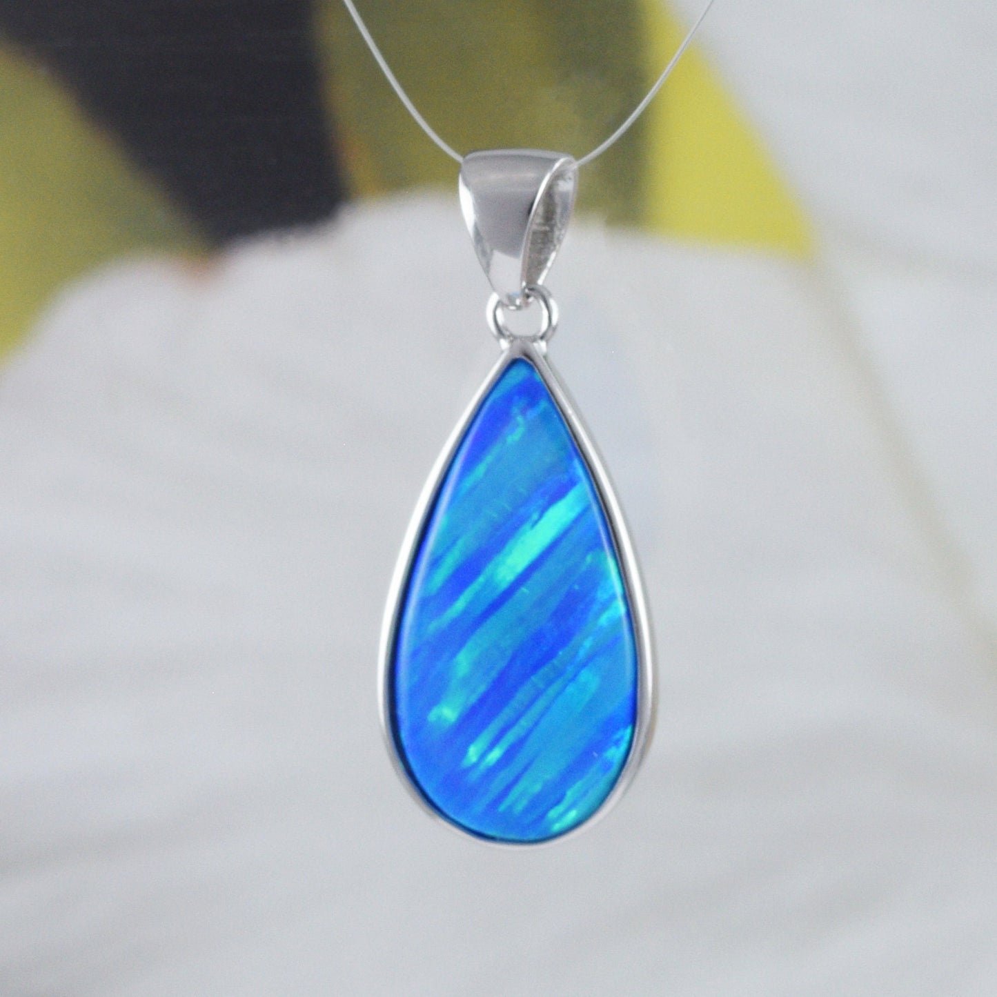 Beautiful Hawaiian Blue Opal Rain Drop Necklace, Sterling Silver Blue Opal Rain-Drop Pendant, N8388 Birthday Mom Mother Gift