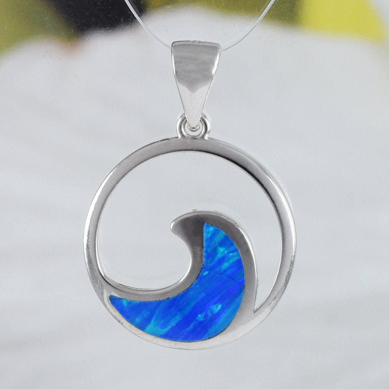 Unique Hawaiian Blue Opal Ocean Wave Necklace, Sterling Silver Blue Opal Wave Pendant, N8383 Birthday Mom Mother Gift, Island Jewelry