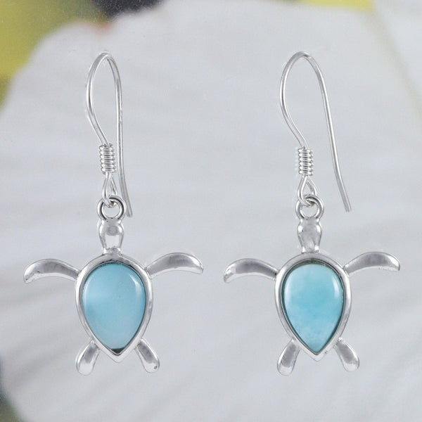 Magnifique boucle d'oreille en véritable tortue de mer en larimar hawaïen, boucle d'oreille pendante en argent sterling avec tortue en larimar, cadeau d'anniversaire pour femme, maman et mère, E8466