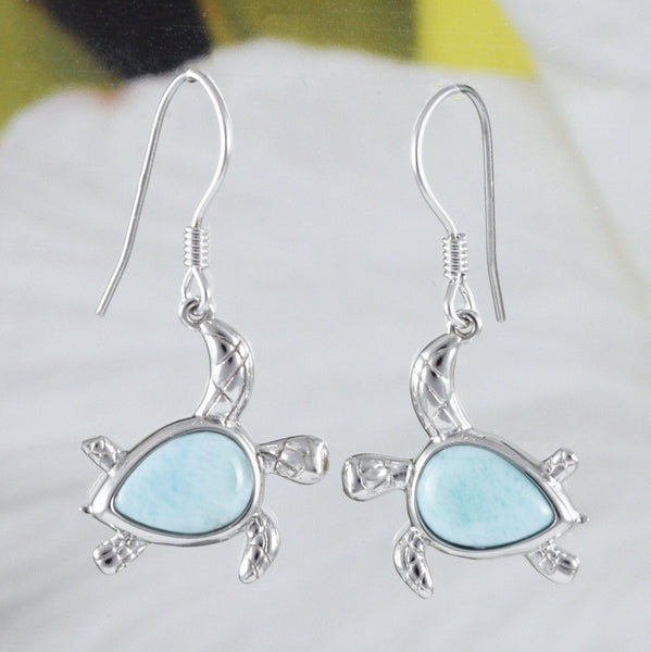 Magnifique boucle d'oreille en véritable tortue de mer en larimar hawaïen, boucle d'oreille pendante en argent sterling avec tortue en larimar, cadeau d'anniversaire pour femme, maman et mère, E8467