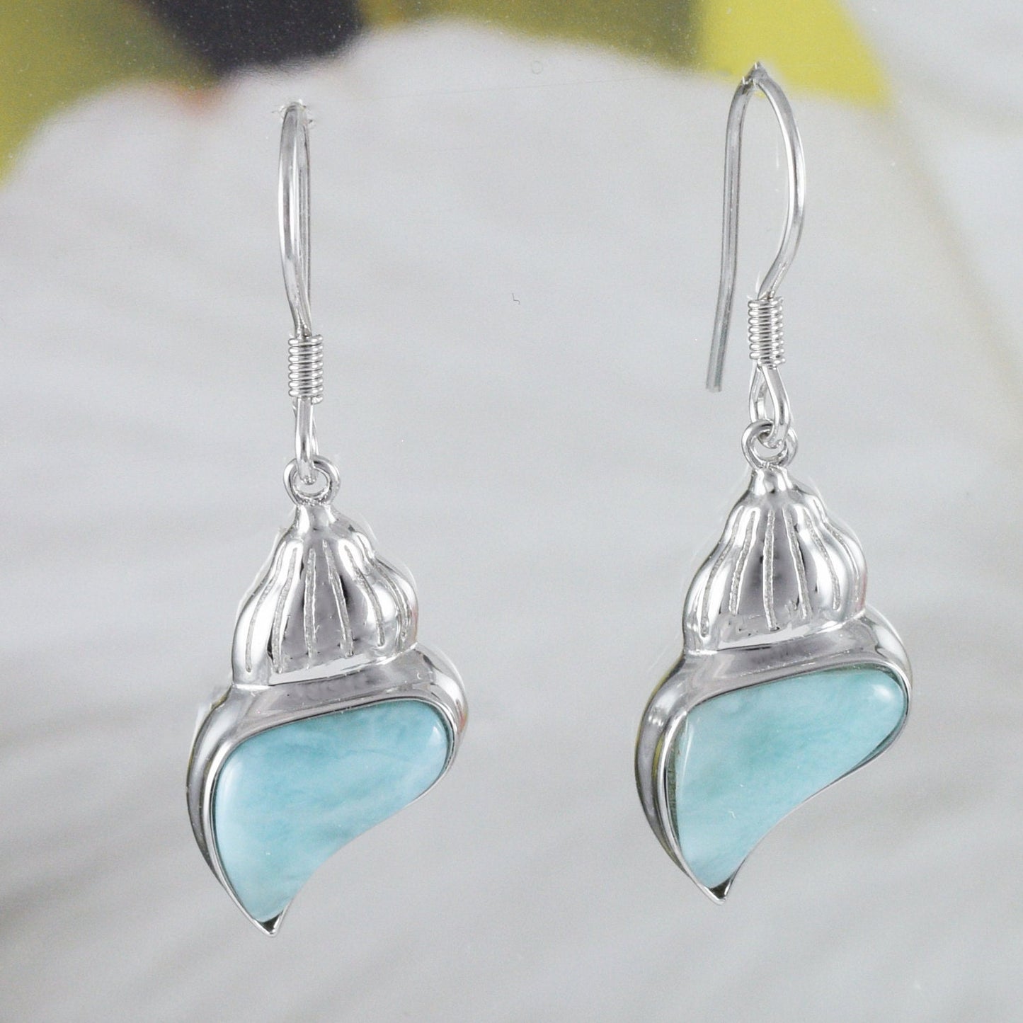 Beautiful Hawaiian Genuine Larimar Seashell Earring, Sterling Silver Larimar Sea Shell Dangle Earring, E8475 Birthday Mother Mom Gift