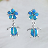 Boucles d'oreilles uniques en forme de tortue de mer en opale bleue hawaïenne Plumeria, boucles d'oreilles à tige en argent sterling en forme de tortue en opale Plumeria, cadeau d'anniversaire pour maman E8403