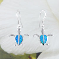 Beautiful Hawaiian Blue Opal Sea Turtle Earring, Sterling Silver Blue Opal Turtle Dangle Earring, E8407 Mother Birthday Mom Gift