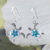 Boucles d'oreilles uniques en forme de tortue de mer Plumeria en opale bleue hawaïenne, boucles d'oreilles pendantes en argent sterling avec tortue Plumeria en opale, cadeau d'anniversaire pour maman E8404