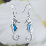 Beautiful Hawaiian Large Blue Opal Seahorse Earring, Sterling Silver Blue Opal Sea Horse Dangle Earring, E8412 Birthday Valentine Mom Gift