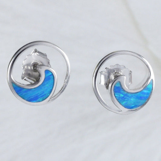 Unique Beautiful Hawaiian Blue Opal Ocean Wave Earring, Sterling Silver Blue Opal Wave Stud Earring, E8413 Mother Birthday Mom Gift