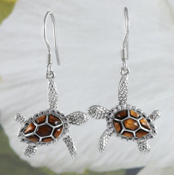 Magnifique boucle d'oreille en forme de tortue de mer en bois de koa véritable de grande taille, boucle d'oreille pendante en argent sterling, cadeau d'anniversaire pour maman et Saint-Valentin E8423