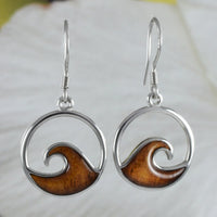 Beautiful Hawaiian Large Genuine Koa Wood Ocean Wave Earring, Sterling Silver Wave Dangle Earring, E8427 Mother Birthday Mom Wife Gift