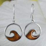 Beautiful Hawaiian Large Genuine Koa Wood Ocean Wave Earring, Sterling Silver Wave Dangle Earring, E8427 Mother Birthday Mom Wife Gift