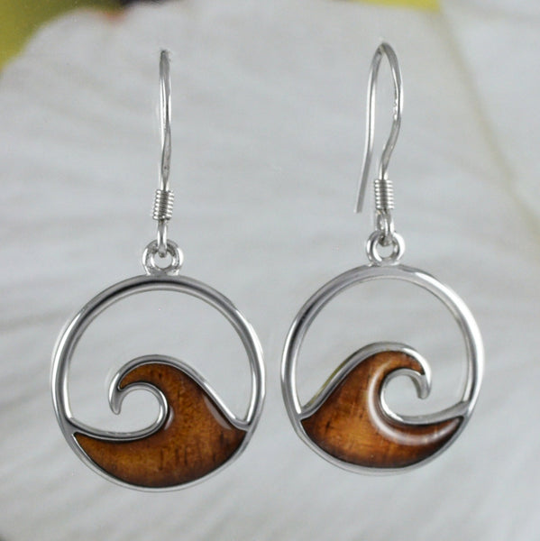 Magnifique boucle d'oreille hawaïenne en bois de koa véritable avec motif de vagues de l'océan, boucle d'oreille pendante en argent sterling, cadeau d'anniversaire pour mère, maman et femme, E8427