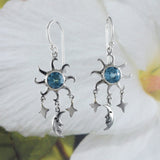 Boucles d'oreilles uniques et magnifiques en topaze bleue véritable hawaïenne, soleil, lune, étoile, boucles d'oreilles pendantes en argent sterling avec topaze bleue, cadeau d'anniversaire pour maman E8680