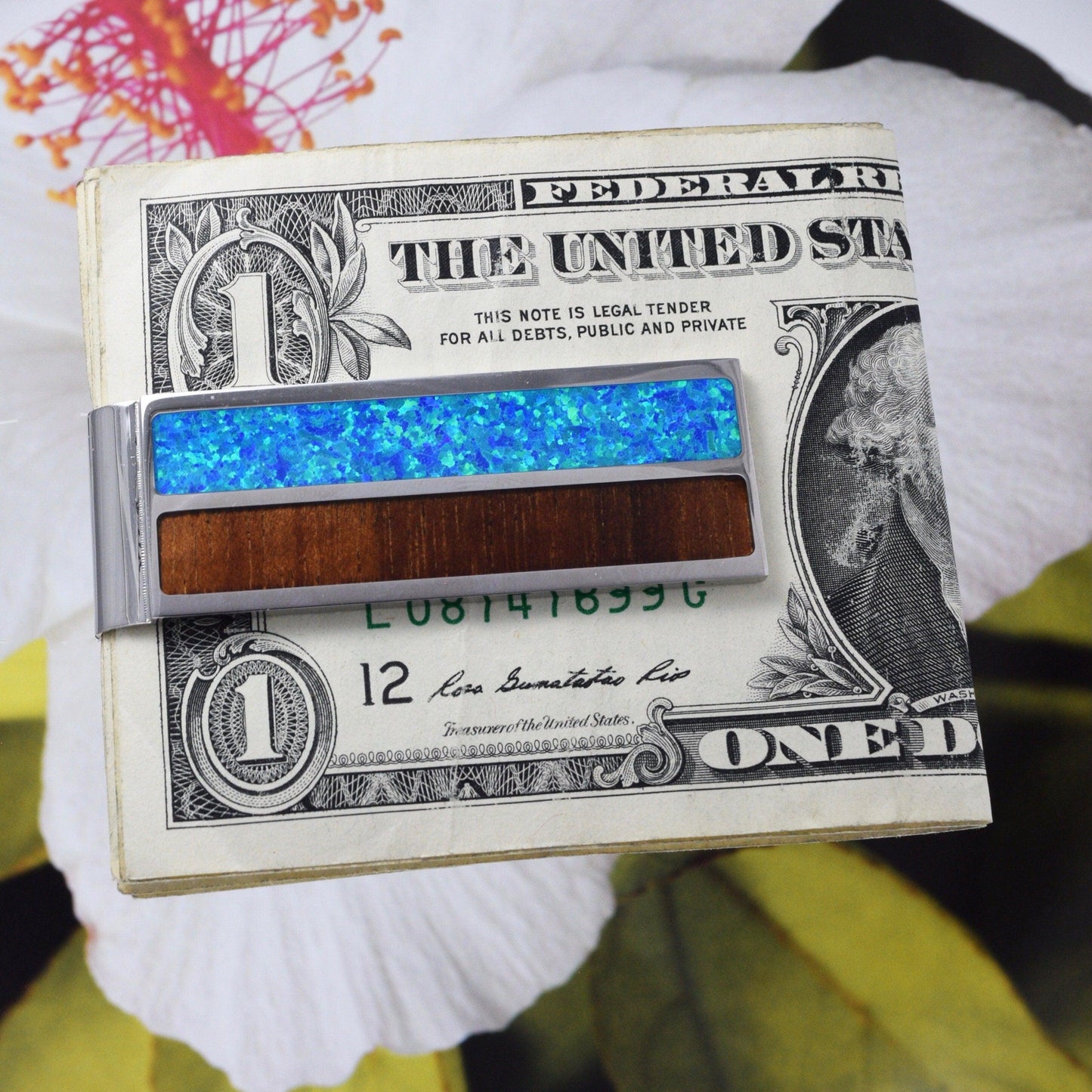 Gorgeous Hawaiian X-Large Genuine Koa Wood Blue Opal Money Clip, Stainless Steel Hawaiian Money Clip, N8430 Birthday Gift, Statement PC - Hawaii Treasures Shop