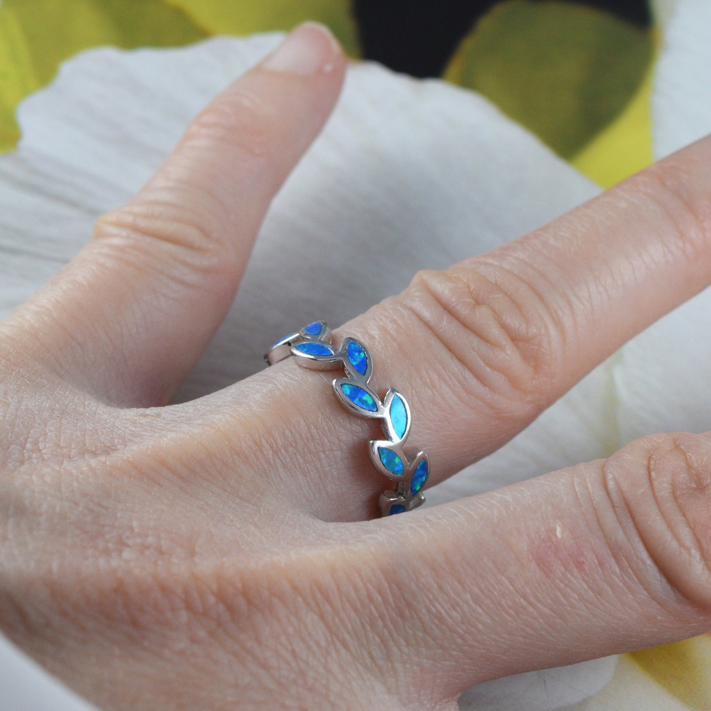 Unique Beautiful Hawaiian Blue Opal Maile Leaf Ring, Sterling Silver Blue Opal Maile Leaf Eternity Band Ring, R2381 Birthday Mom Wife Gift