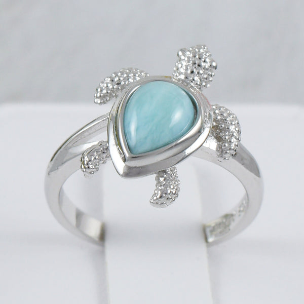 Unique Gorgeous Hawaiian Genuine Larimar Sea Turtle Ring, Sterling Silver Natural Larimar Turtle Ring R2385 Birthday Mom Mother Gift