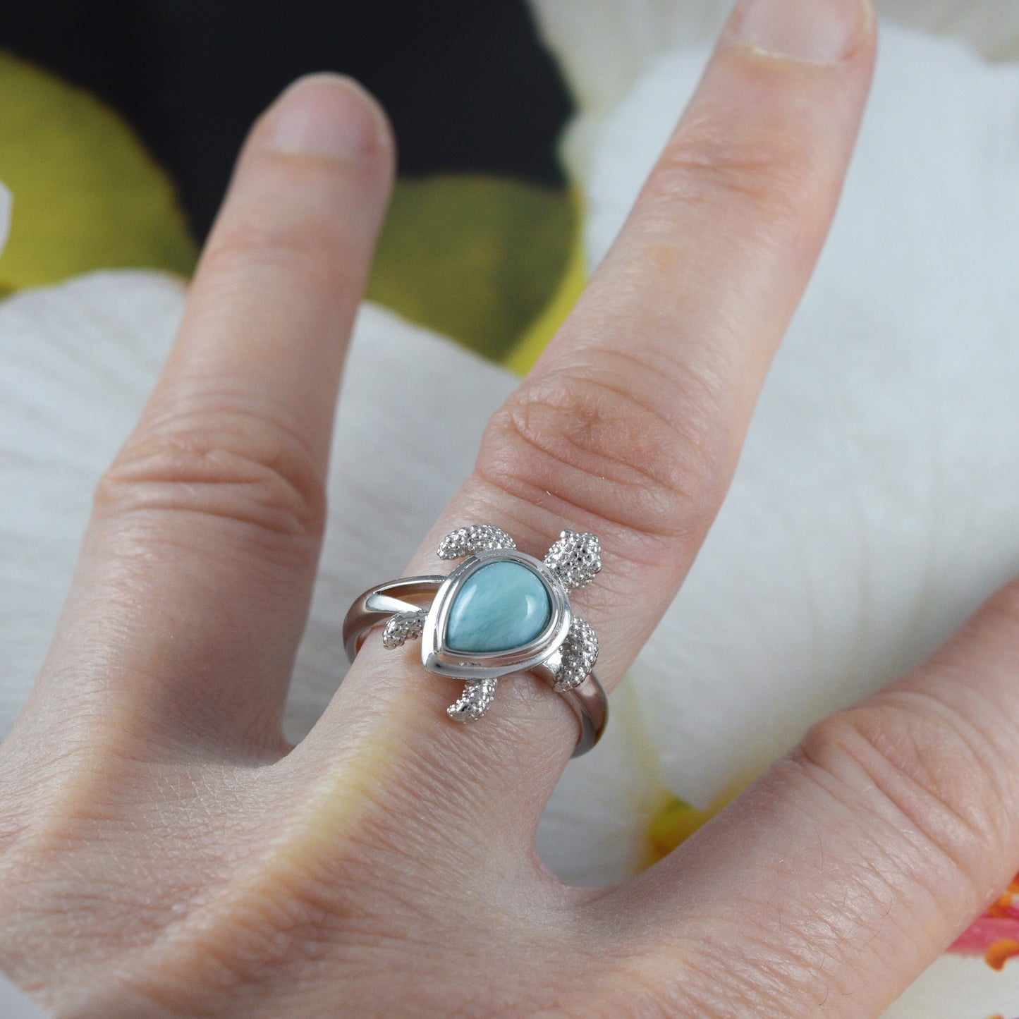 Unique Gorgeous Hawaiian Genuine Larimar Sea Turtle Ring, Sterling Silver Natural Larimar Turtle Ring R2385 Birthday Mom Mother Gift