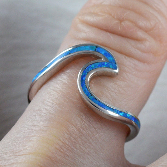 Unique Hawaiian Blue Opal Ocean Wave Ring, Sterling Silver Nalu Ocean Wave Ring, R2383 Birthday Mother Anniversary Mom Gift