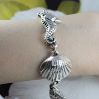 Unique Gorgeous Hawaiian X-Large Seahorse Seashell Mermaid Crab Bracelet, Sterling Silver Sealife Bracelet, B3305 Birthday Mom Gift