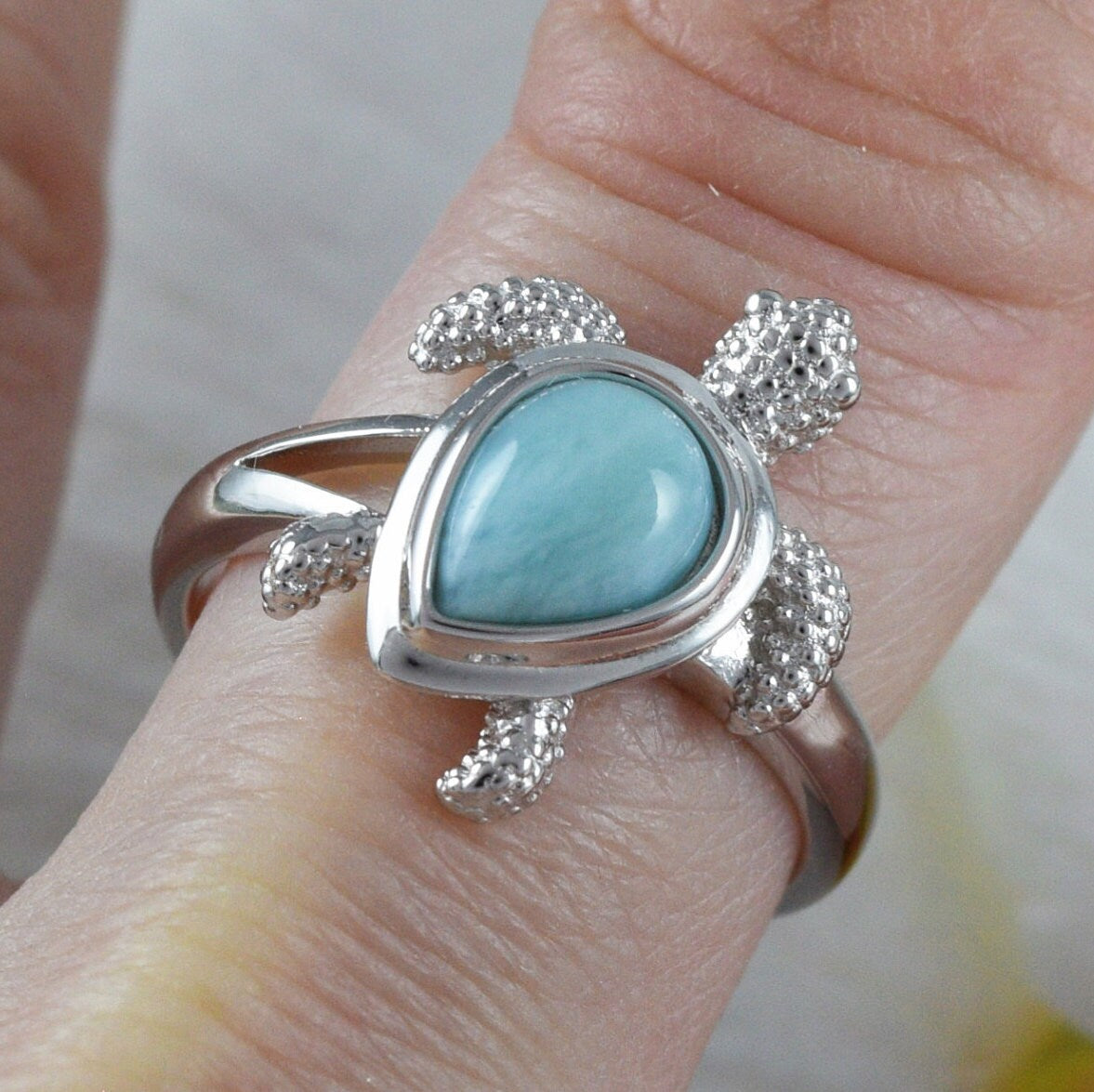 Unique Gorgeous Hawaiian Genuine Larimar Sea Turtle Ring, Sterling Silver Natural Larimar Turtle Ring R2385 Birthday Mom Mother Gift