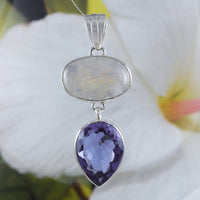 Gorgeous Hawaiian X-Large Genuine Moonstone Amethyst Necklace, Sterling Silver Natural Moonstone Amethyst Pendant, N8822 Statement PC