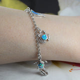 Beautiful Hawaiian Opal Sea Turtle Dolphin Crab Bracelet, Sterling Silver Blue Opal Turtle Plumeria Bracelet, B3316 Birthday Mom Gift