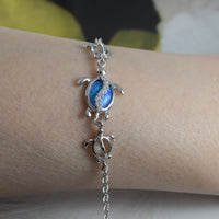 Beautiful Hawaiian Blue Opal 3 Sea Turtle Ankle Bracelet, Sterling Silver Mom & 2 Baby Turtle CZ Anklet Bracelet, A3321 Birthday Mom Gift