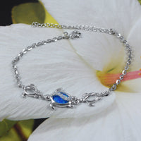 Beautiful Hawaiian Blue Opal 3 Sea Turtle Ankle Bracelet, Sterling Silver Mom & 2 Baby Turtle CZ Anklet Bracelet, A3321 Birthday Mom Gift