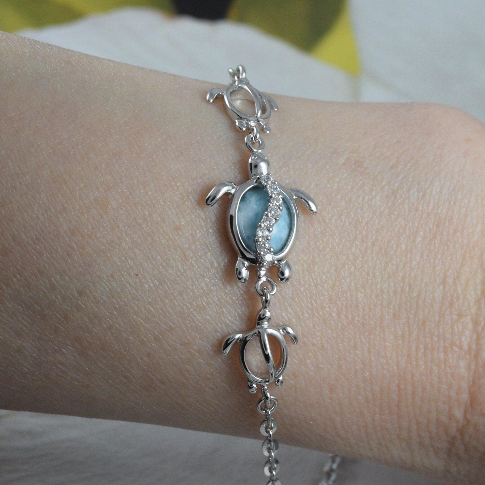 Unique Hawaiian Genuine Larimar Sea Turtle Anklet Bracelet, Sterling Silver Larimar Turtle Ankle Bracelet, A8434 Birthday Valentine Mom Gift - Hawaii Treasures Shop