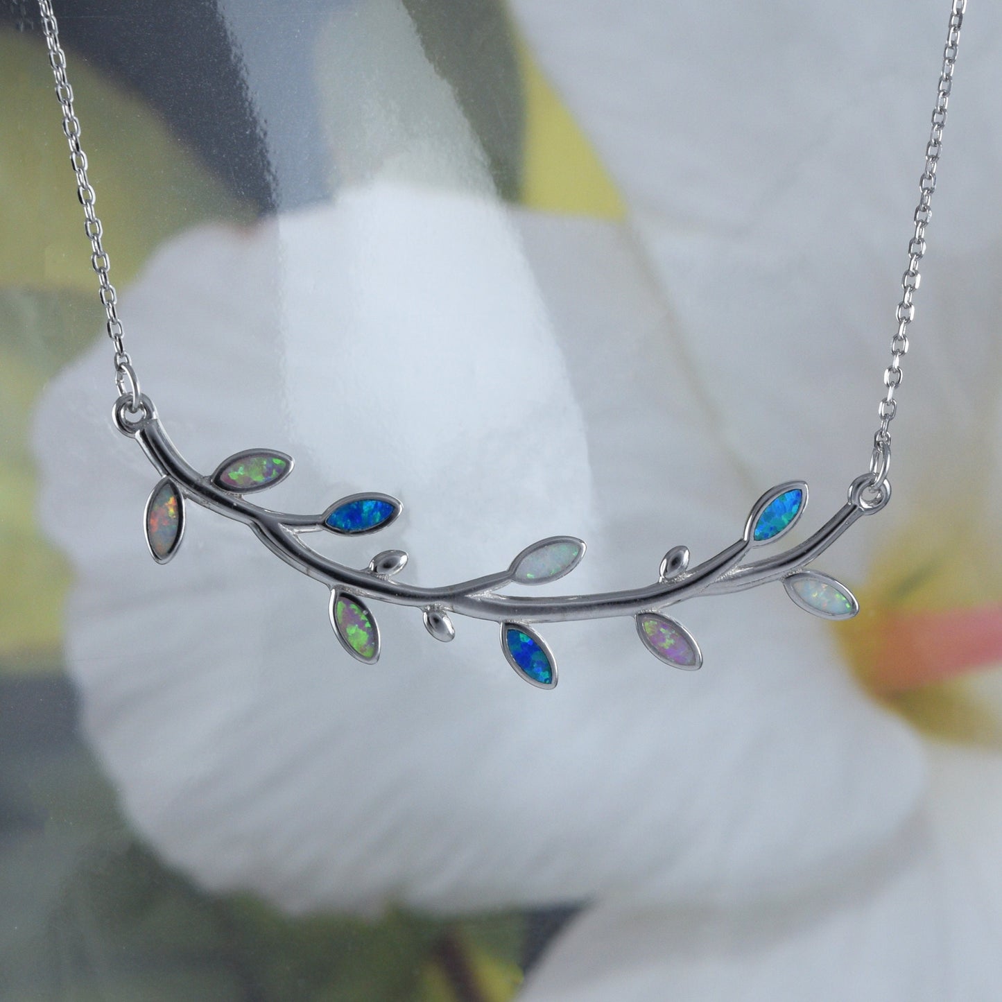 Unique Beautiful Hawaiian Tri-color Opal Maile Leaf Necklace, Sterling Silver Opal Maile Leaf Necklace, N8839 Birthday Mom Mother Gift