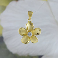 Beautiful Hawaiian Plumeria Earring and Necklace, Sterling Silver Yellow-Gold Plated Plumeria Flower CZ Pendant, N8855S Birthday Mom Gift