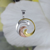 Beautiful Hawaiian Tri-color Ocean Wave Necklace, Sterling Silver 3-Tone Surfing Wave Pendant, N8858 Birthday Mother Mom Gift