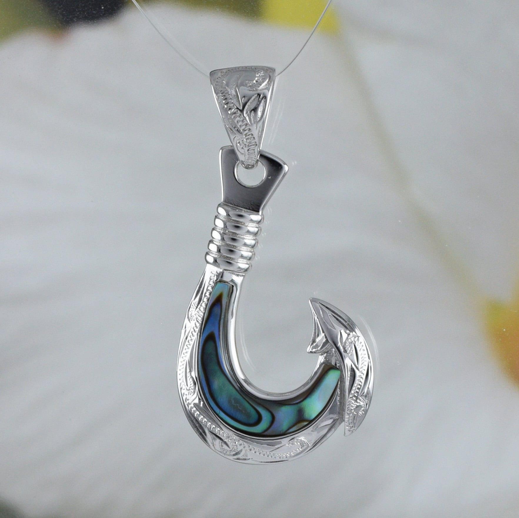 Unique Hawaiian Genuine Paua Shell Fish Hook Necklace, Sterling Silver Abalone MOP Fish Hook Pendant, N8851 Valentine Birthday Mom Gift - Hawaii Treasures Shop