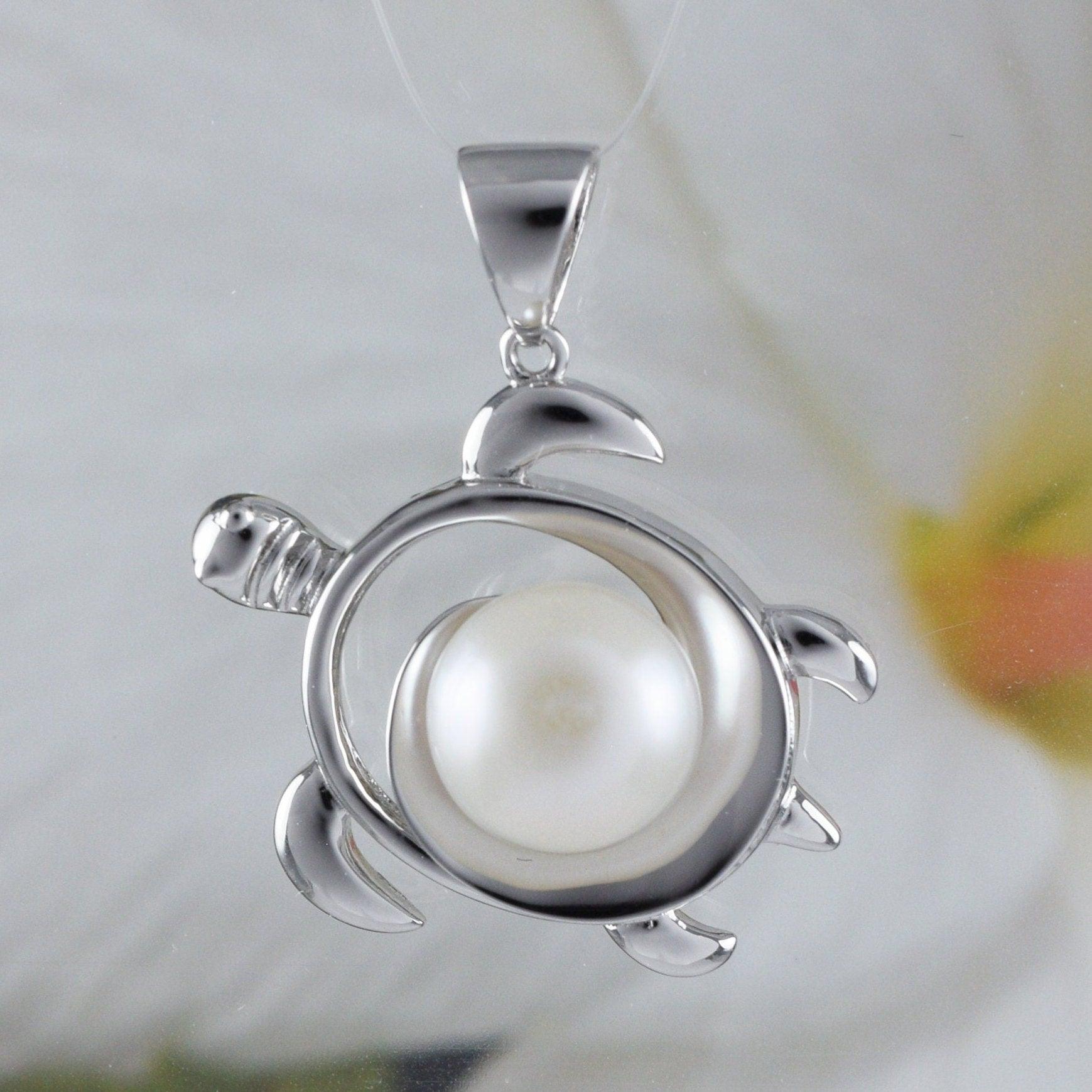 Unique Hawaiian Large Genuine White Pearl Sea Turtle Necklace, Sterling Silver White Pearl Turtle Pendant, N8869 Birthday Mom Gift - Hawaii Treasures Shop