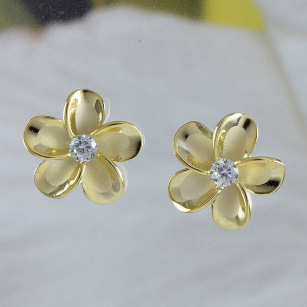 Beautiful Hawaiian Plumeria Earring, Sterling Silver Yellow-Gold Plated Plumeria Flower CZ Stud Earring, E8891 Birthday Mom Mother Gift