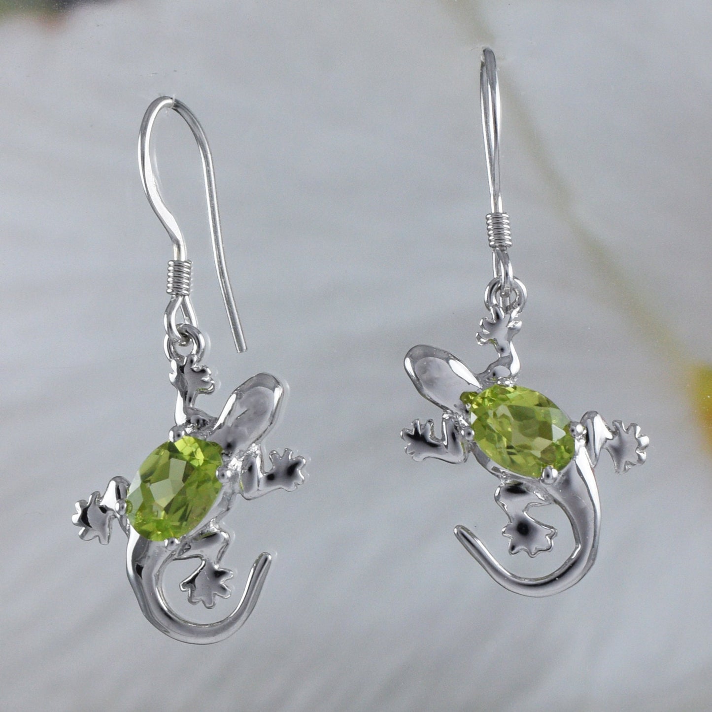 Unique Hawaiian Large Genuine Peridot Gecko Earring, Sterling Silver Gecko Dangle Earring, E8915 Birthday Wife Mom Mother Gift