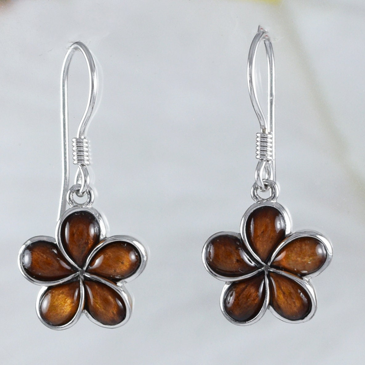 Unique Hawaiian Genuine Koa Wood Plumeria Earring, Sterling Silver Plumeria Dangle Earring E8918 Birthday Mom Mother Gift, Island Jewelry