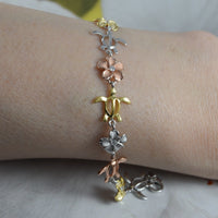 Unique Hawaiian 3-Tone Sea Turtle Plumeria Ankle Bracelet, Sterling Silver Tri-color Turtle Plumeria CZ Anklet, A3317 Birthday Mom Gift