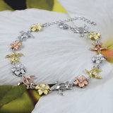 Unique Hawaiian 3-Tone Sea Turtle Plumeria Bracelet, Sterling Silver Tri-color Turtle Bracelet, B3319 Birthday Mom Mother Gift