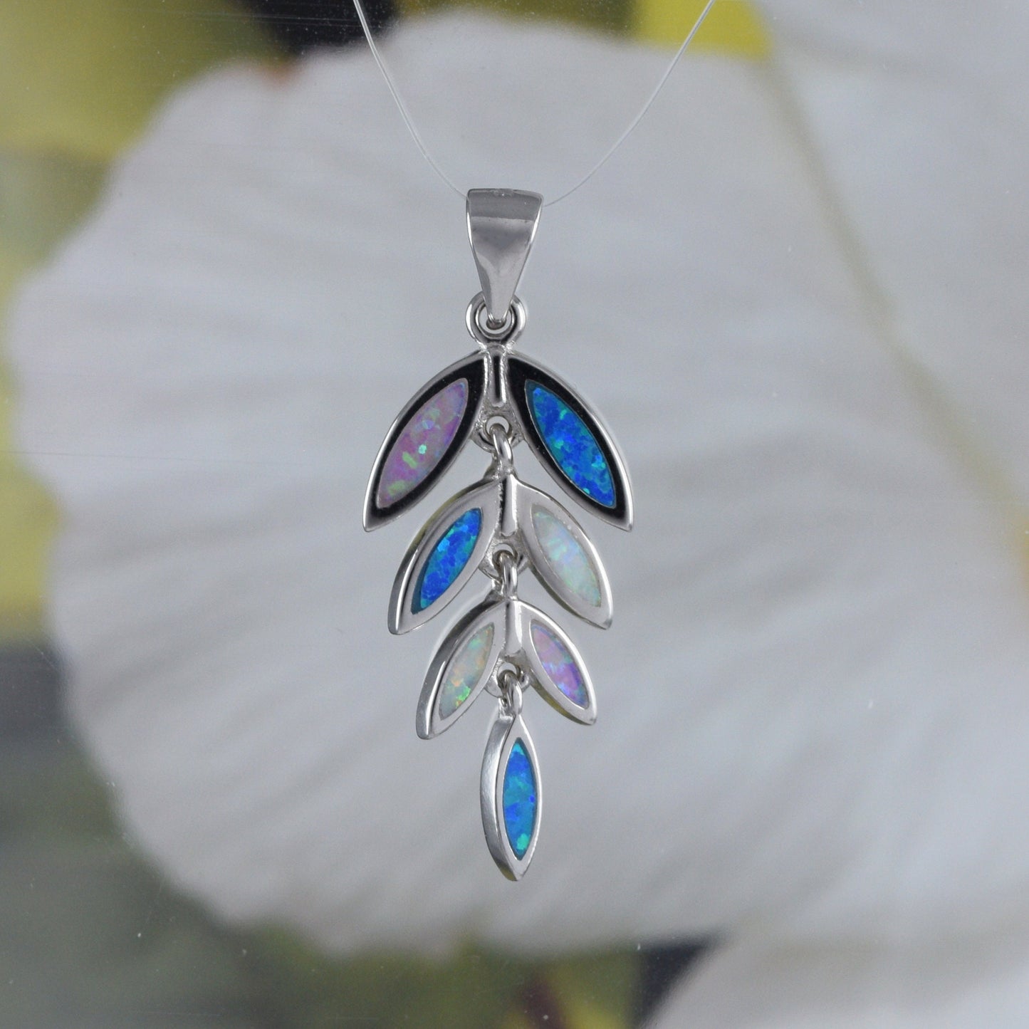 Beautiful Hawaiian Tri-color Opal Maile Leaf Earring and Necklace, Sterling Silver Blue White Pink Opal Maile Leaf Pendant, N8838S Mom Gift