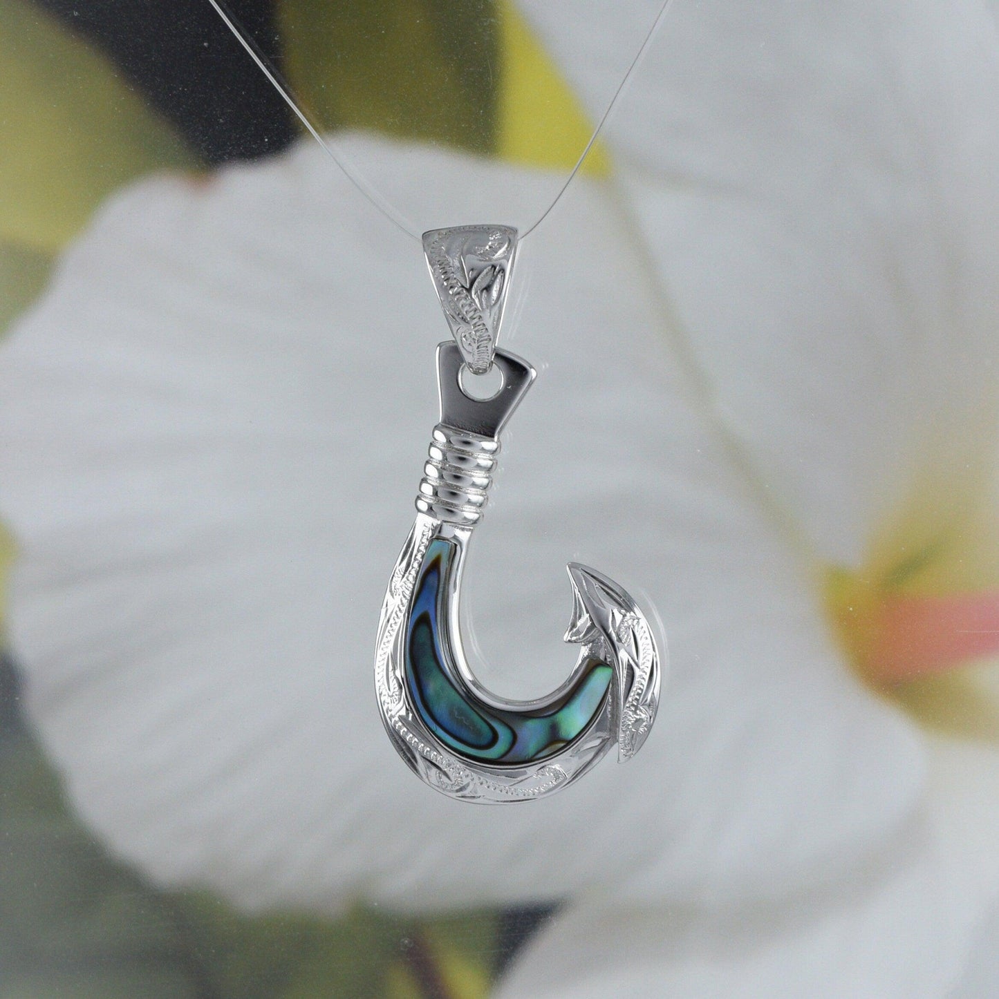 Unique Hawaiian Genuine Paua Shell Fish Hook Necklace, Sterling Silver Abalone MOP Fish Hook Pendant, N8851 Valentine Birthday Mom Gift - Hawaii Treasures Shop