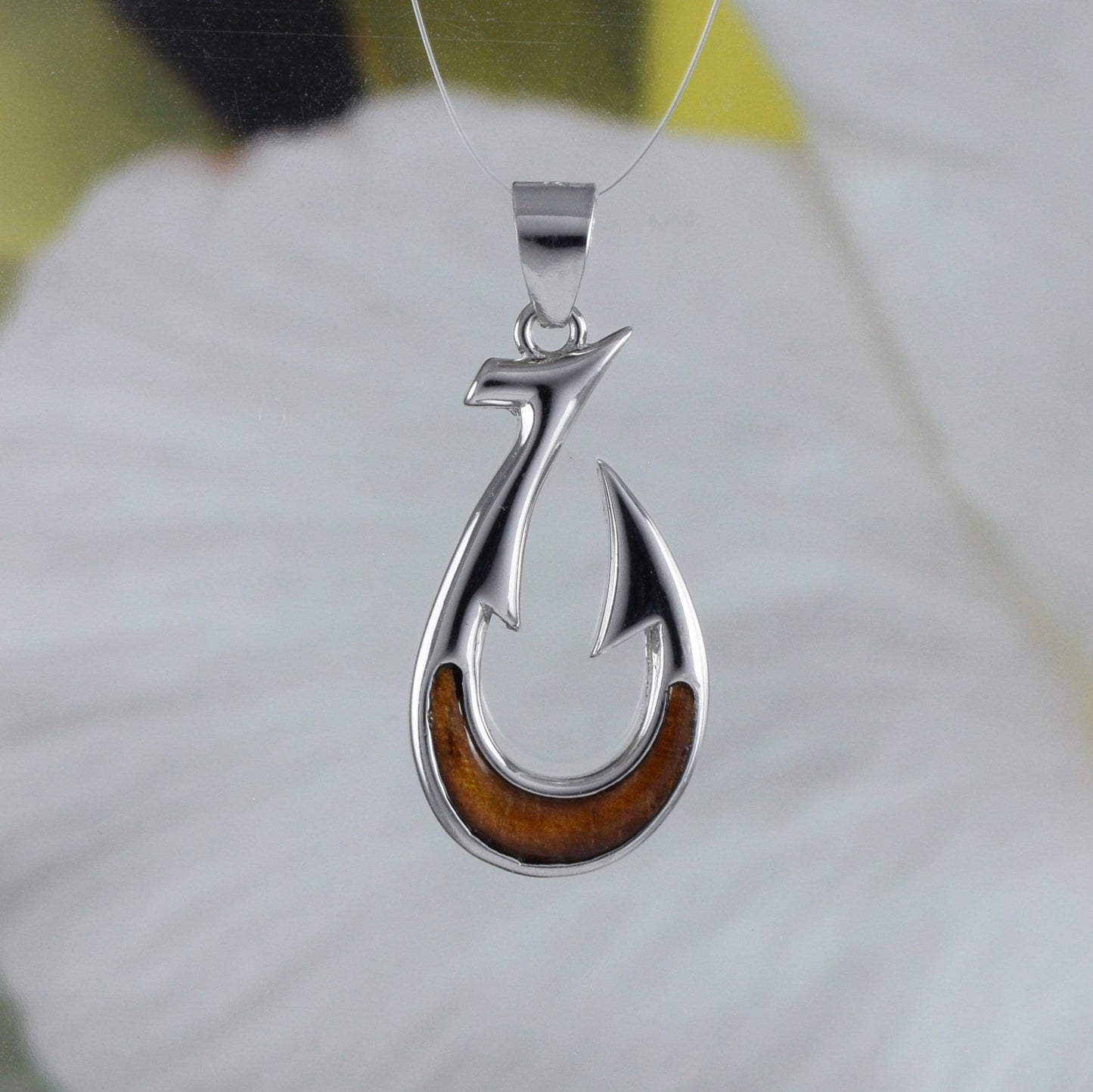 Beautiful Hawaiian Genuine Koa Wood Fish Hook Necklace, Sterling Silver Fish Hook Pendant, N8863 Birthday Mother Gift