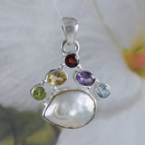 Gorgeous Hawaiian Large Genuine Peridot Citrine Amethyst Blue Topaz White Pearl Necklace, Sterling Silver Gemstone Pendant, N8872