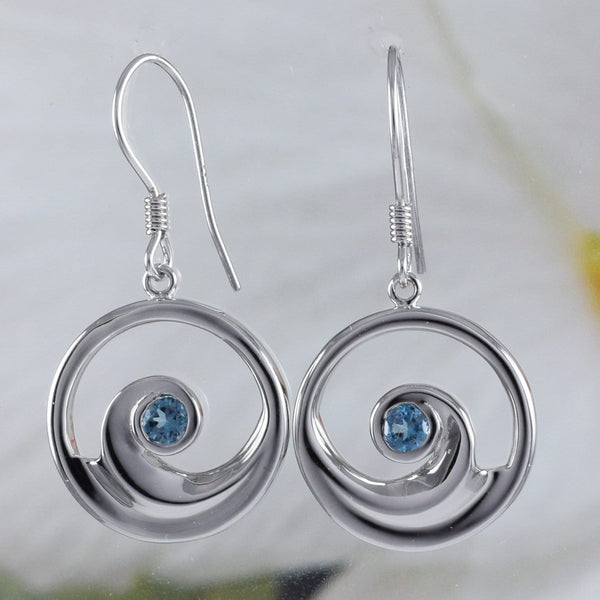 Magnifique boucle d'oreille en forme de vague de l'océan avec topaze bleue véritable hawaïenne, boucle d'oreille pendante en argent sterling, E8916, cadeau d'anniversaire pour mère, maman et femme